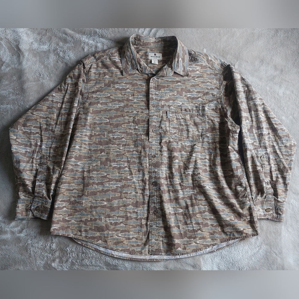 Woolrich Mocha Fish Men's Brown Fish Pattern Flannel Shirt | XL